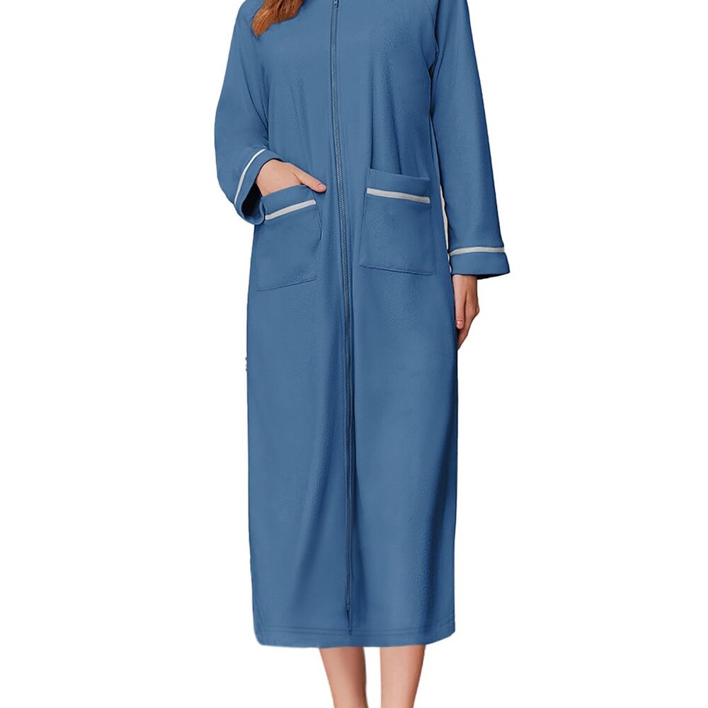 Long Sleeve Fleece Robe Zipper Front Pockets Cozy Loungewear Chic Housecoat